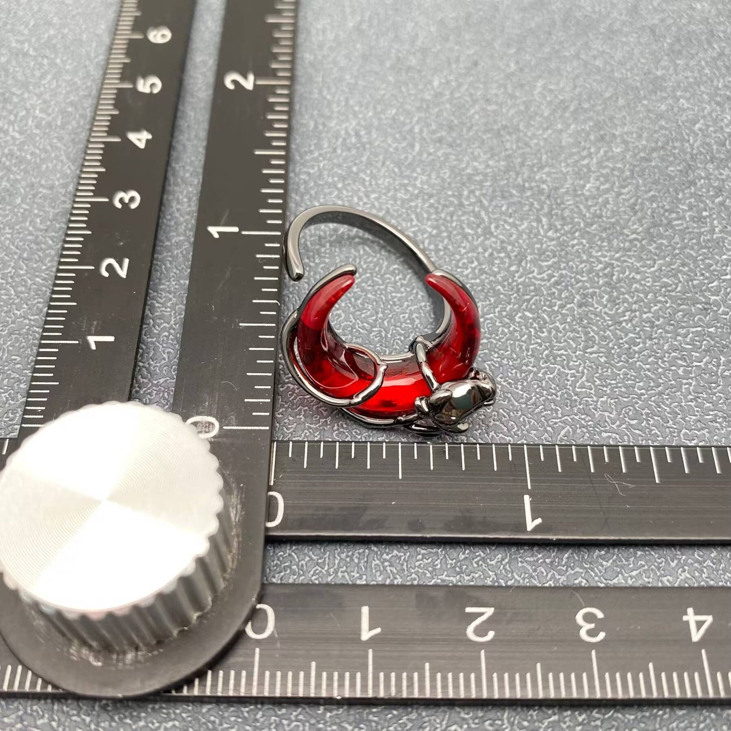 Gothic Gun-black Rose Wrapped Red Crescent Moon Ring