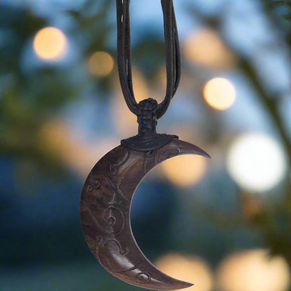 Unisex Wood Pendant w/ Black Cord - Moon (Each)