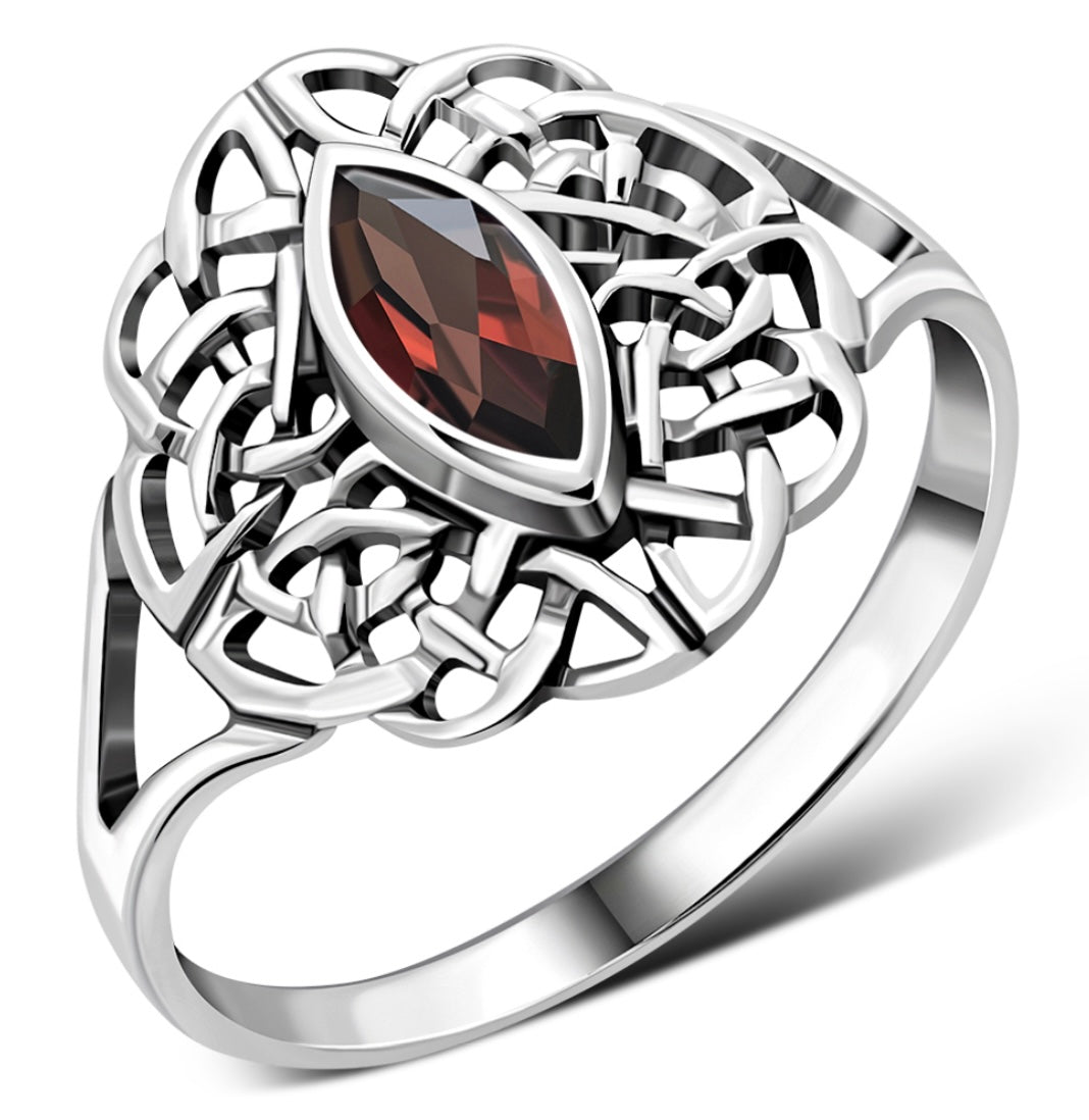 Garnet Celtic Knot Sterling Silver Ring